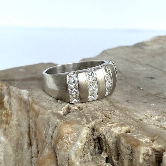 Brushed Sterling Silver 925 Channel Set Cubic Zirconia 4 Row Wide Band Ring Sz 7 - Picture 4 of 16